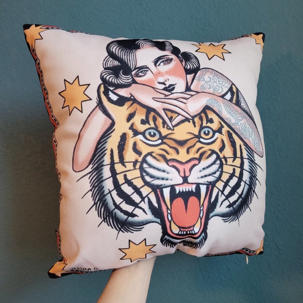 Jessica O. Tattooed Girl Tiger Throw Pillow